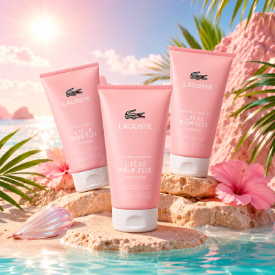Three Lacoste L.12.12 Pour Elle Sparkling Shower Gel for Women (150ml) tubes rest on rocks amid tropical plants, pink flowers, and seashells by the water under a sunny sky.