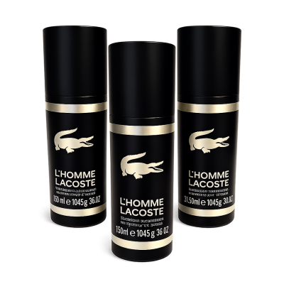 Three black cylindrical bottles of 3x Lacoste L'Homme 150ml Deodorant Anti-perspirant Spray for Men stand upright, showing brand and product info in white and gold text.