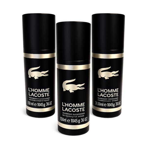 Three black cylindrical bottles of 3x Lacoste L'Homme 150ml Deodorant Anti-perspirant Spray for Men stand upright, showing brand and product info in white and gold text.