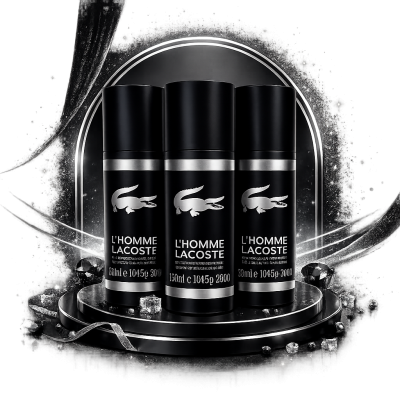 Three bottles of Lacoste L'Homme 150ml Deodorant Anti-perspirant Spray for Men are arranged on a round platform with scattered gemstones in a monochrome, high-contrast setting.