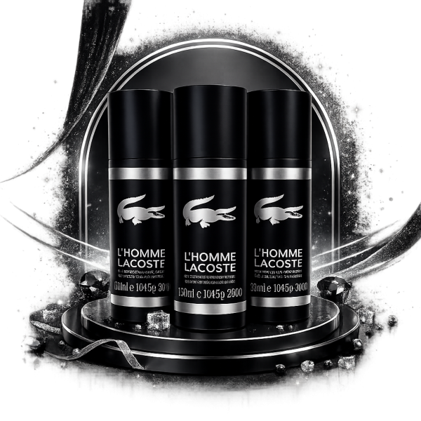 Three bottles of Lacoste L'Homme 150ml Deodorant Anti-perspirant Spray for Men are arranged on a round platform with scattered gemstones in a monochrome, high-contrast setting.