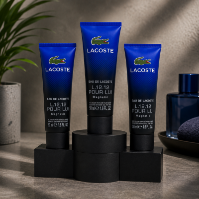 Three tubes of Lacoste Eau de Lacoste L.12.12 Pour Lui Magnetic Shower Gel 50ml are displayed on black cylindrical stands, with a plant and blue bottle in the background.