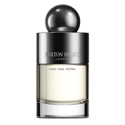 A 100ml bottle of Molton Brown Fiery Pink Pepper EDT for Men and Women, featuring a metallic cap and clear glass revealing the light-colored fragrance.