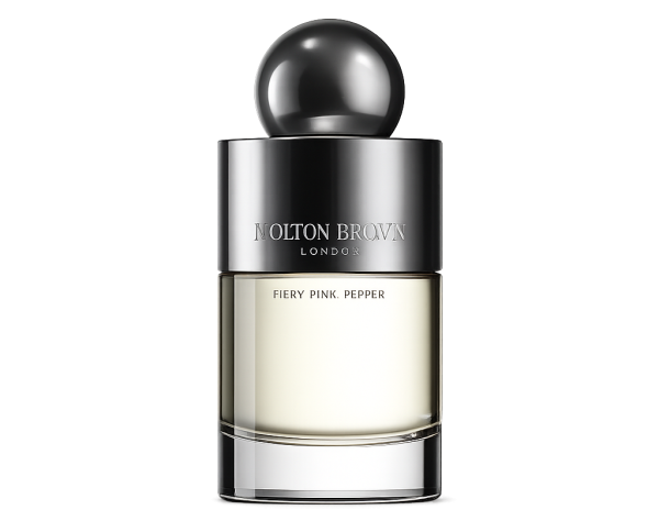 A 100ml bottle of Molton Brown Fiery Pink Pepper EDT for Men and Women, featuring a metallic cap and clear glass revealing the light-colored fragrance.