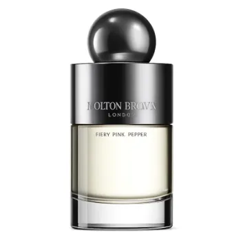 A 100ml bottle of Molton Brown Fiery Pink Pepper EDT for Men and Women, featuring a metallic cap and clear glass revealing the light-colored fragrance.