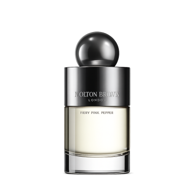 A 100ml bottle of Molton Brown Fiery Pink Pepper EDT for Men and Women, featuring a clear glass base, silver label, and round black cap, displayed against a plain white background.