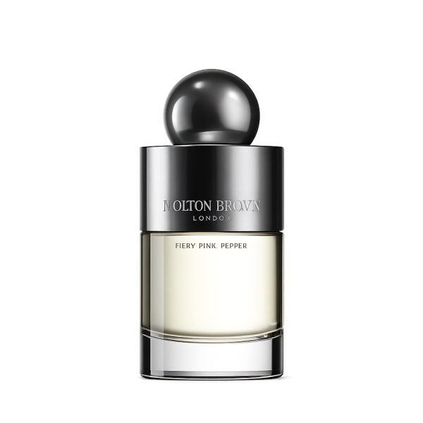 A 100ml bottle of Molton Brown Fiery Pink Pepper EDT for Men and Women, featuring a clear glass base, silver label, and round black cap, displayed against a plain white background.