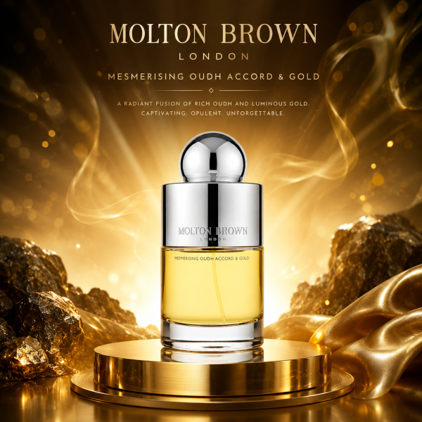 The Molton Brown Mesmerising Oudh Accord & Gold EDT Spray, 100ml, is showcased on a gold platform with gold accents and a smoky golden backdrop.