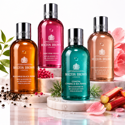 The Molton Brown Woody & Floral Body Care Shower Gel Collection (4x100ml) bottles are displayed in various colors alongside matching botanical ingredients on a white surface.