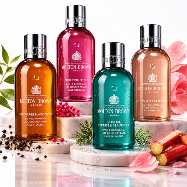 The Molton Brown Woody & Floral Body Care Shower Gel Collection (4x100ml) bottles are displayed in various colors alongside matching botanical ingredients on a white surface.