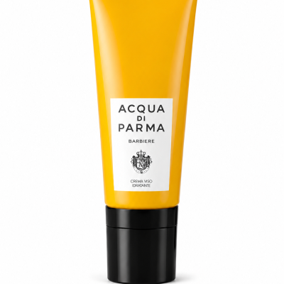 Two yellow tubes of Acqua di Parma Barbiere Multi Action Face Cream 50ml with black caps are displayed upright on a white background.