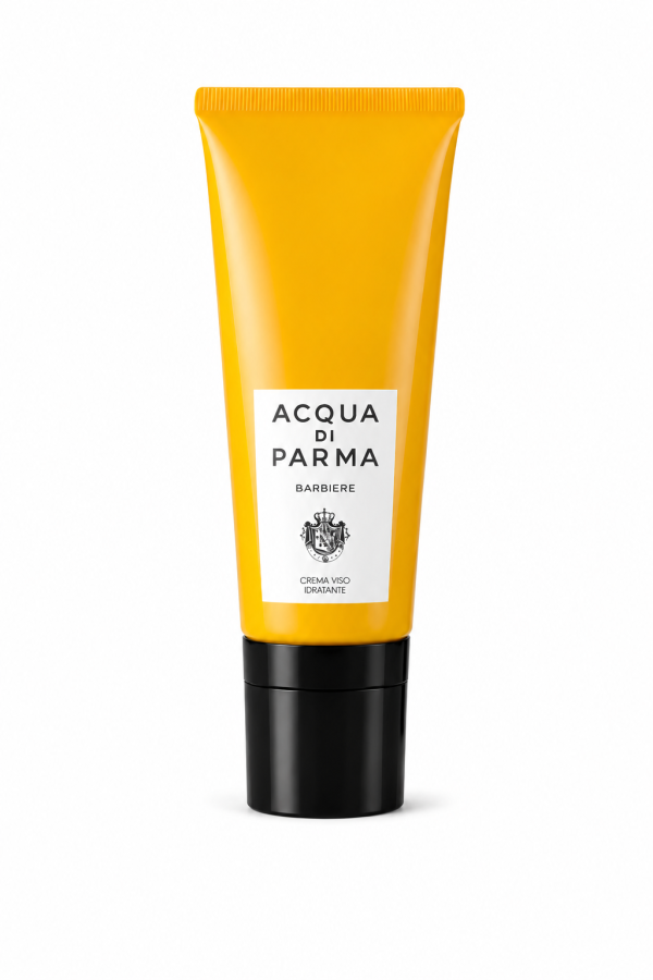 Two yellow tubes of Acqua di Parma Barbiere Multi Action Face Cream 50ml with black caps are displayed upright on a white background.