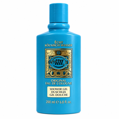 A blue 200 ml bottle of 4711 Original Eau de Cologne Shower Gel with a gold and blue label featuring decorative elements and text in multiple languages.
