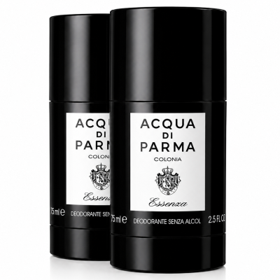 Two black cylindrical deodorant sticks with "Acqua di Parma Colonia Essenza" labels are displayed on a white background.