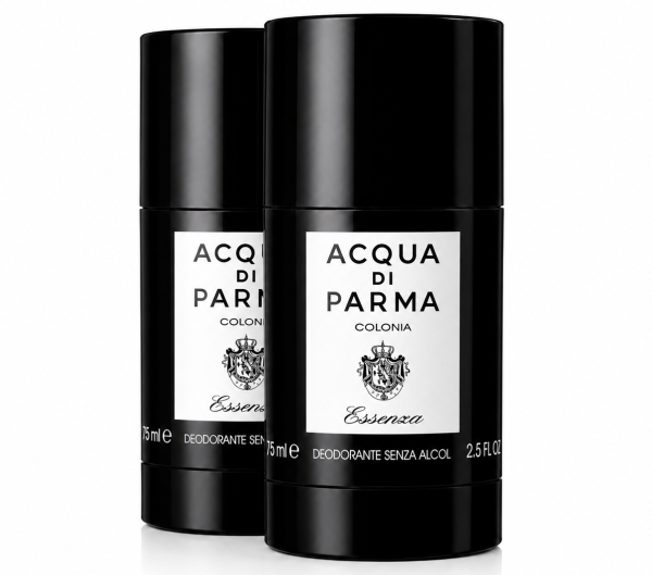 Two black cylindrical deodorant sticks with "Acqua di Parma Colonia Essenza" labels are displayed on a white background.
