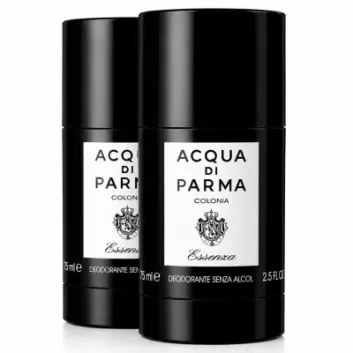 Two black cylindrical deodorant sticks with "Acqua di Parma Colonia Essenza" labels are displayed on a white background.