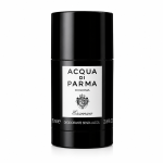 A black cylindrical container of Acqua di Parma Colonia Essenza deodorant, 75 ml size, with a white label and black text on the front.