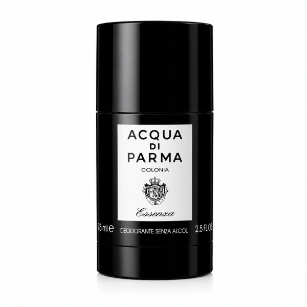 A black cylindrical container of Acqua di Parma Colonia Essenza deodorant, 75 ml size, with a white label and black text on the front. A black cylindrical container of Acqua di Parma Colonia Essenza deodorant, 75 ml size, with a white label and black text on the front.