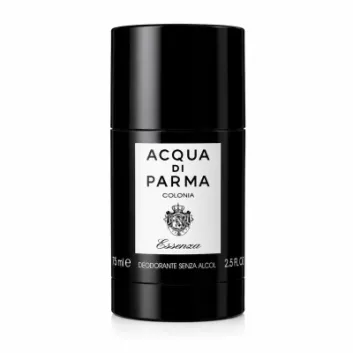 A black cylindrical container of Acqua di Parma Colonia Essenza deodorant, 75 ml size, with a white label and black text on the front.