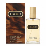 A bottle of Aramis 60ml EDT Spray for Men, Classic Fragrance, is displayed beside its brown box, both featuring the Aramis logo and gold accents.