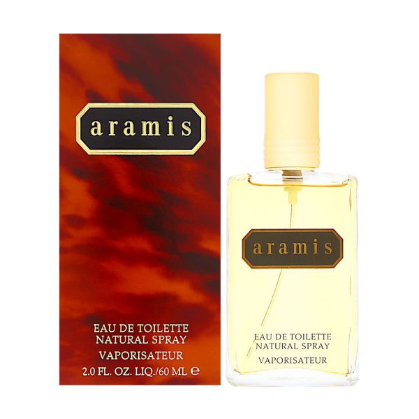 A bottle and box of Aramis 110ml EDT Spray for Men, Classic Fragrance, featuring a yellow cap and brown label with gold and black text.