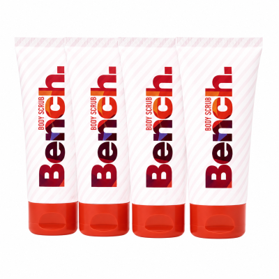 Four tubes of Bench Body Scrub with red caps are standing side by side against a white background.