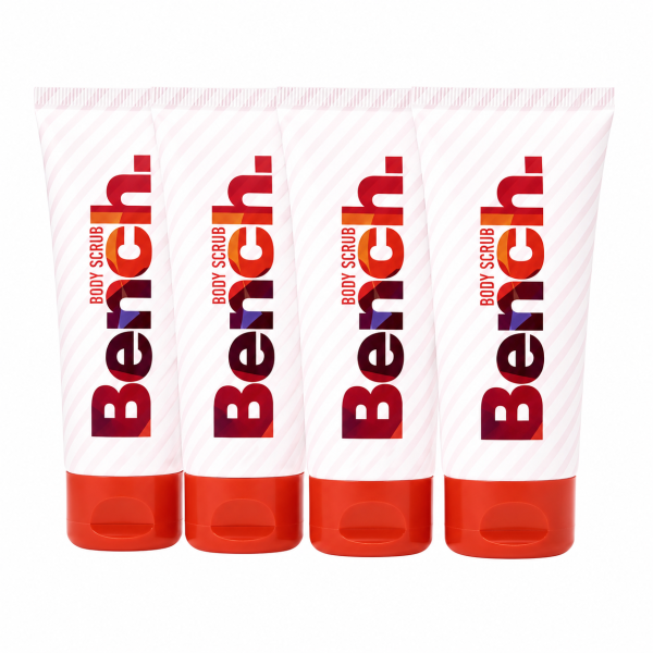 Four tubes of Bench Body Scrub with red caps are standing side by side against a white background.