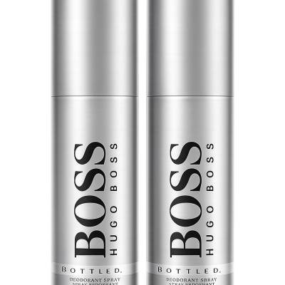 Two silver spray cans of Hugo Boss Bottled deodorant, each with 150 ml capacity, are standing upright side by side against a white background.