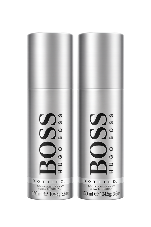 Two silver spray cans of Hugo Boss Bottled deodorant, each with 150 ml capacity, are standing upright side by side against a white background.