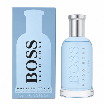 A bottle of Hugo Boss Bottled Tonic EDT for Men, 100ml, stands beside its blue retail box, both displaying the brand name and product information.