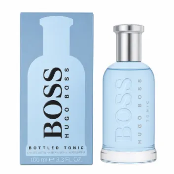 A bottle of Hugo Boss Bottled Tonic EDT for Men, 100ml, stands beside its blue retail box, both displaying the brand name and product information.