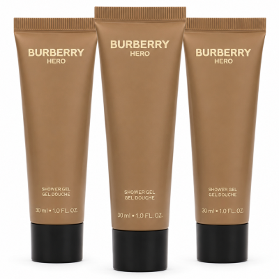 Three tubes of Burberry Hero shower gel, each 30 ml, are arranged side by side on a white background.