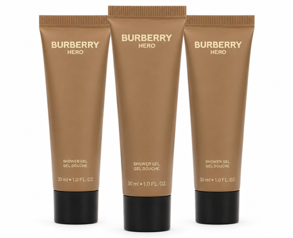 Three tubes of Burberry Hero shower gel, each 30 ml, are arranged side by side on a white background.