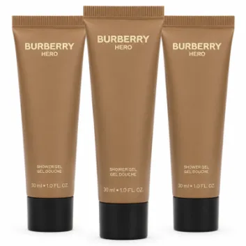 Three tubes of Burberry Hero shower gel, each 30 ml, are arranged side by side on a white background.