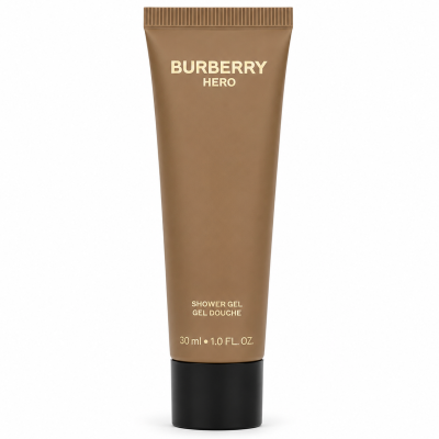 A 30 ml tube of Burberry Hero shower gel with a brown body, black cap, and gold lettering on the front.