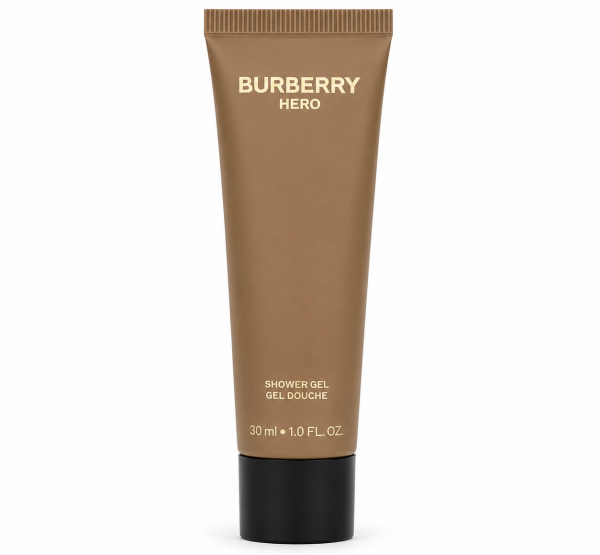 A 30 ml tube of Burberry Hero shower gel with a brown body, black cap, and gold lettering on the front.
