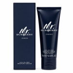 A navy blue tube of Mr. Burberry Indigo all-in-one shaving cream, 75 ml, is shown next to its matching rectangular box.