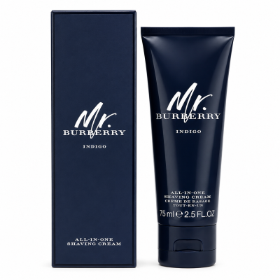 A navy blue tube of Mr. Burberry Indigo all-in-one shaving cream, 75 ml, is shown next to its matching rectangular box.