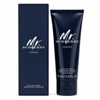 A navy blue tube of Mr. Burberry Indigo all-in-one shaving cream, 75 ml, is shown next to its matching rectangular box.