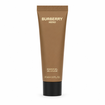 A brown tube labeled "Burberry Hero Shower Gel," 30 ml size, with black cap, standing upright against a white background.