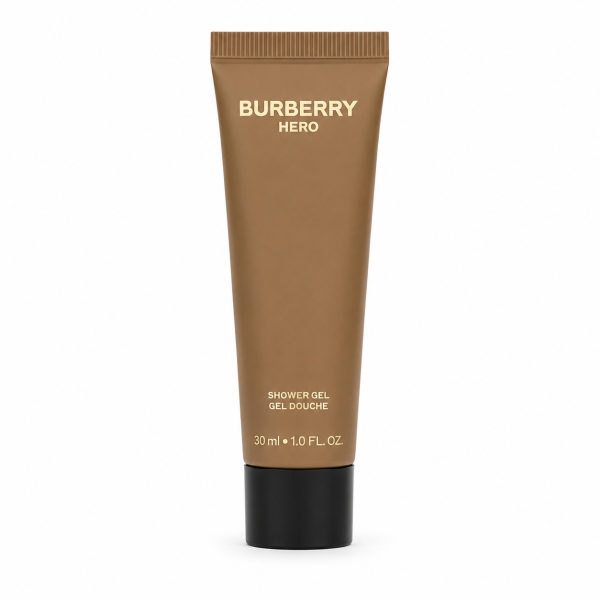 A brown tube labeled "Burberry Hero Shower Gel," 30 ml size, with black cap, standing upright against a white background.