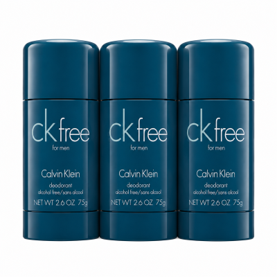 Three CK Free Deodorant Sticks for Men, 75ml each, are standing side by side against a white background.