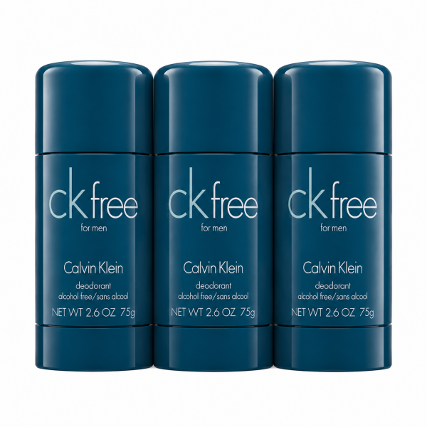Three CK Free Deodorant Sticks for Men, 75ml each, are standing side by side against a white background.