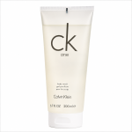 A 200 ml tube of Calvin Klein CK One body wash stands upright, featuring a minimalist white design with black text and branding on the front.