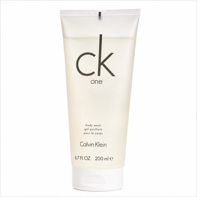 A 200 ml tube of Calvin Klein CK One body wash stands upright, featuring a minimalist white design with black text and branding on the front.