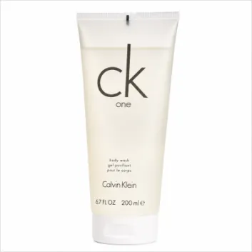 A 200 ml tube of Calvin Klein CK One body wash stands upright, featuring a minimalist white design with black text and branding on the front.