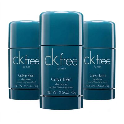 Three teal sticks of 3x CK Free Deodorant Stick for Men, 75ml each, are arranged with one in front and two slightly behind.