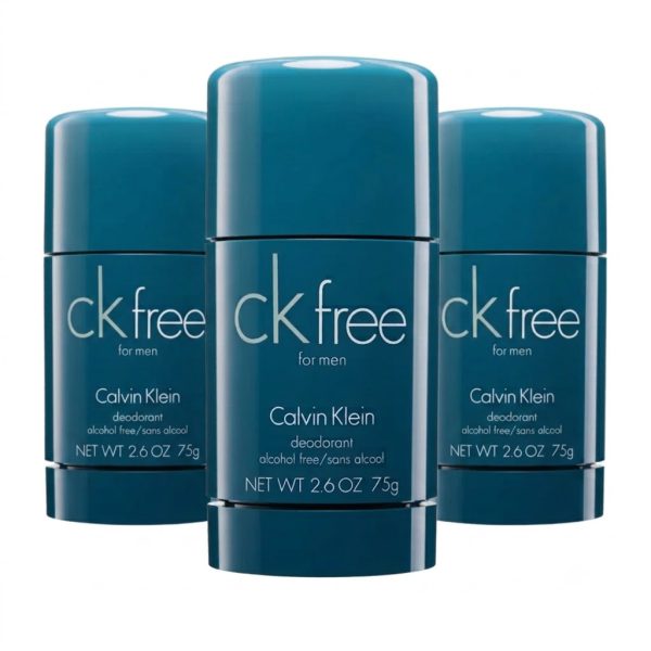 Three teal sticks of 3x CK Free Deodorant Stick for Men, 75ml each, are arranged with one in front and two slightly behind.