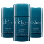 Three CK Free Deodorant Sticks for Men (75ml each) are standing upright against a white background.