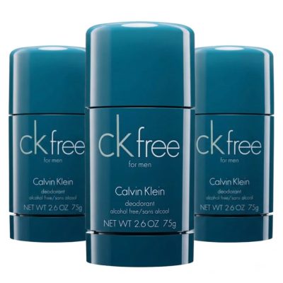 Three CK Free Deodorant Sticks for Men (75ml each) are standing upright against a white background.